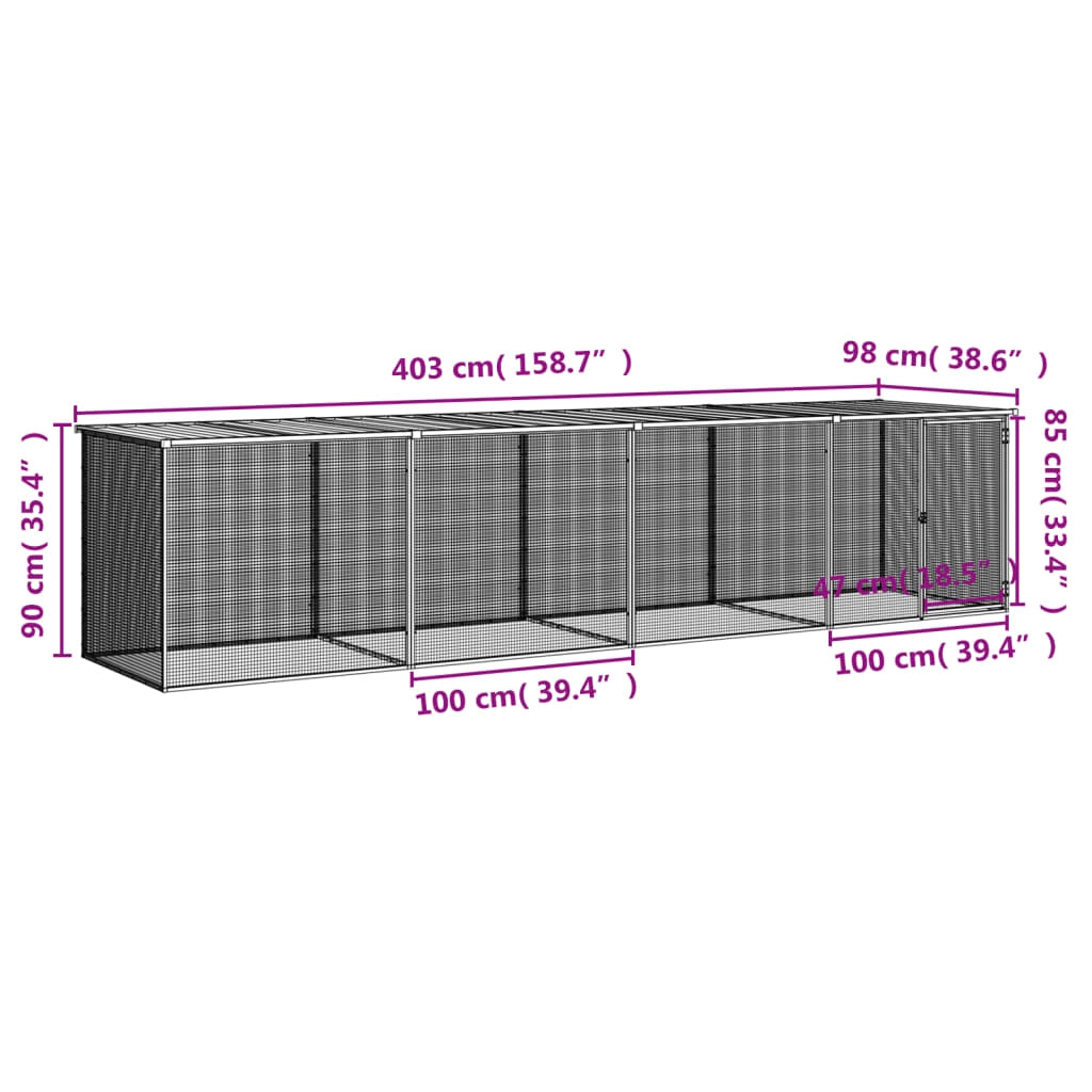 Pollaio/recinto/gabbia per polli con tetto trasparente 403 x 98 x 90 cm acciaio zincato grigio 02_0043985