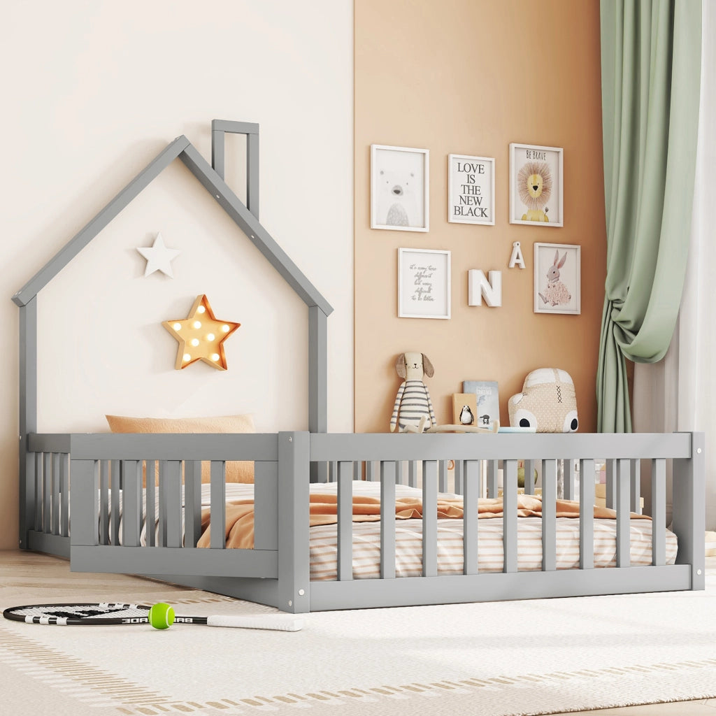 Letto a Casetta 90×200 cm; Letto Bambini con Barriera e Design Camino; senza Materasso; Grigio