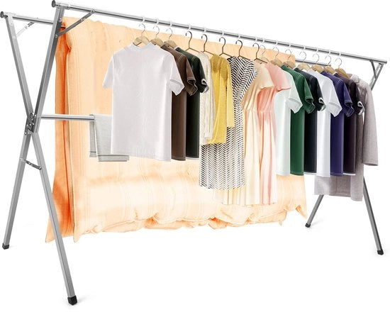 Stendario per abbigliamento, 240 cm, griglia in acciaio inossidabile, regolabile e pieghevole, spaziale, per uso interno ed esterno con ganci stagnoventi