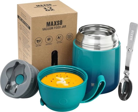 Contenitore termico per cibo, 500 ml, acciaio inossidabile, per piatti caldi, cibo, alimenti per bambini, zuppa, contenitore isolante con cucchiaio, termovaso, blu