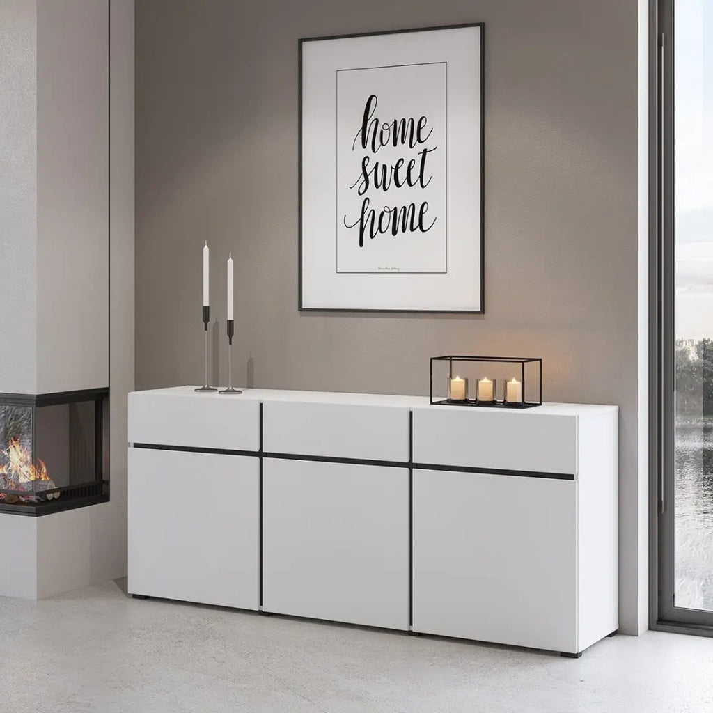 Buffet colori bianco e nero 180cm collezione HAVANA. Credenza di design con 3 porte e 3 cassetti.