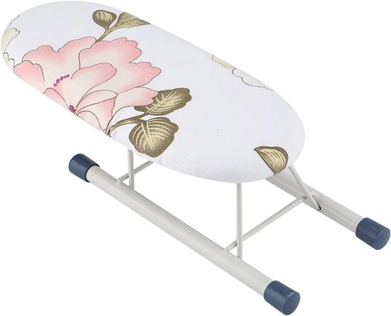 Mini-strijkplank multifunzionale con tubo metallico e fondo in plastica antiscivolo, portatile e pieghevole.