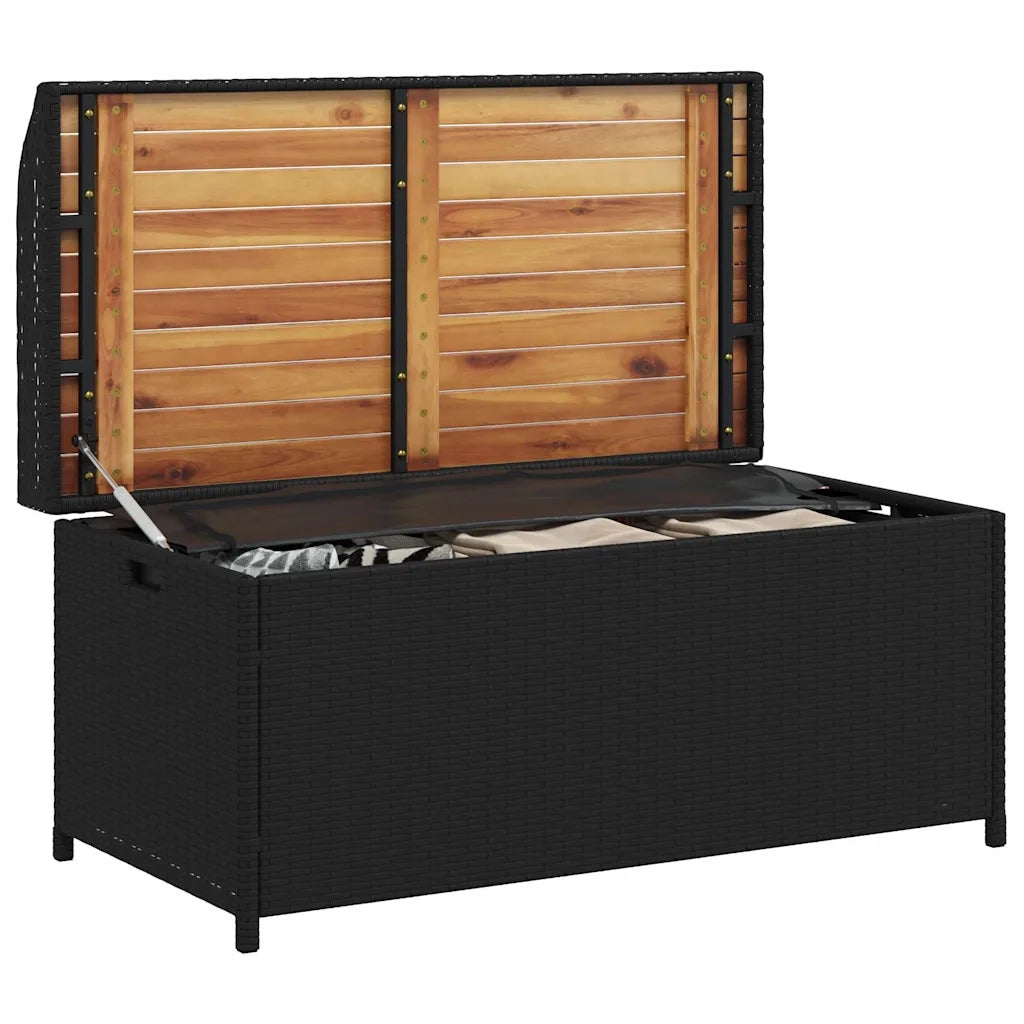 Panca Portaoggetti Nera 100x50x52 cm Polyrattan e Legno Acacia