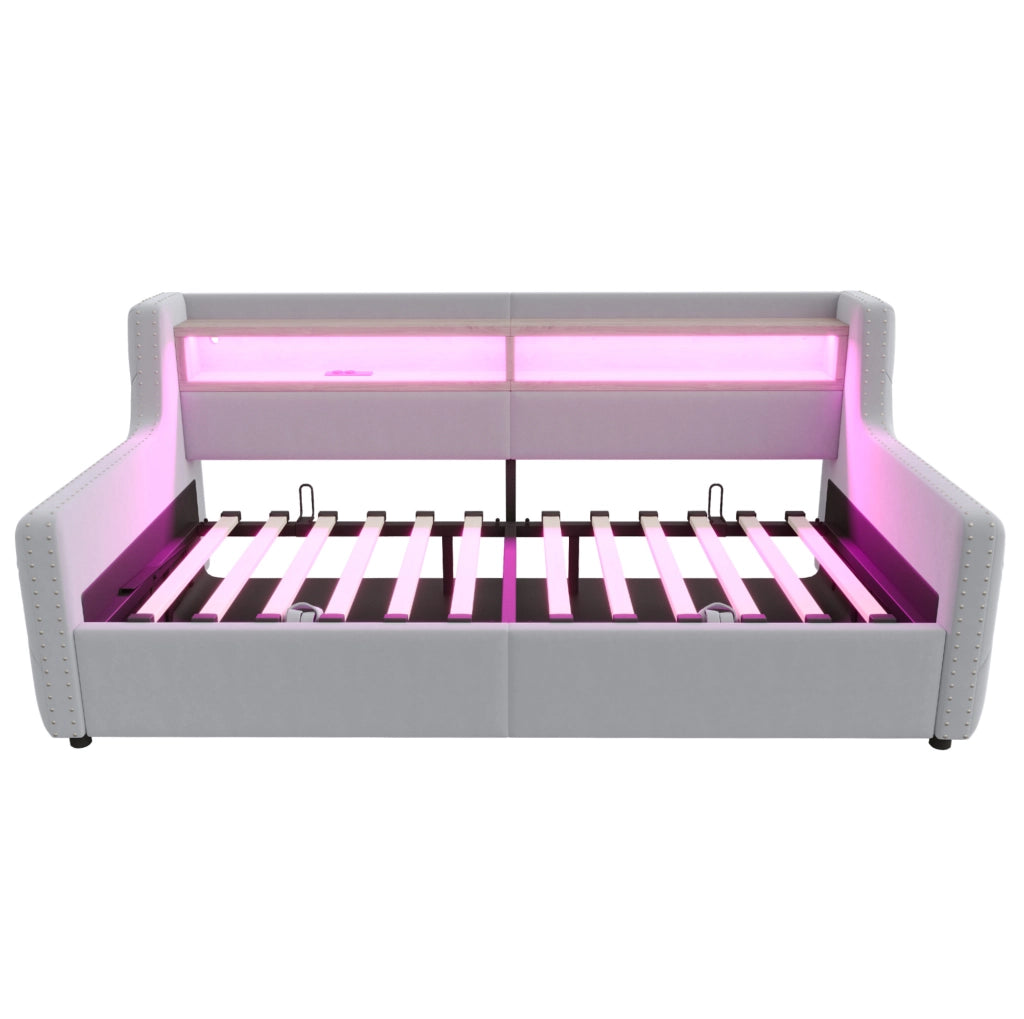 Divano letto imbottito 90x200 cm grigio chiaro con vano contenitore, LED e ricarica USB-C