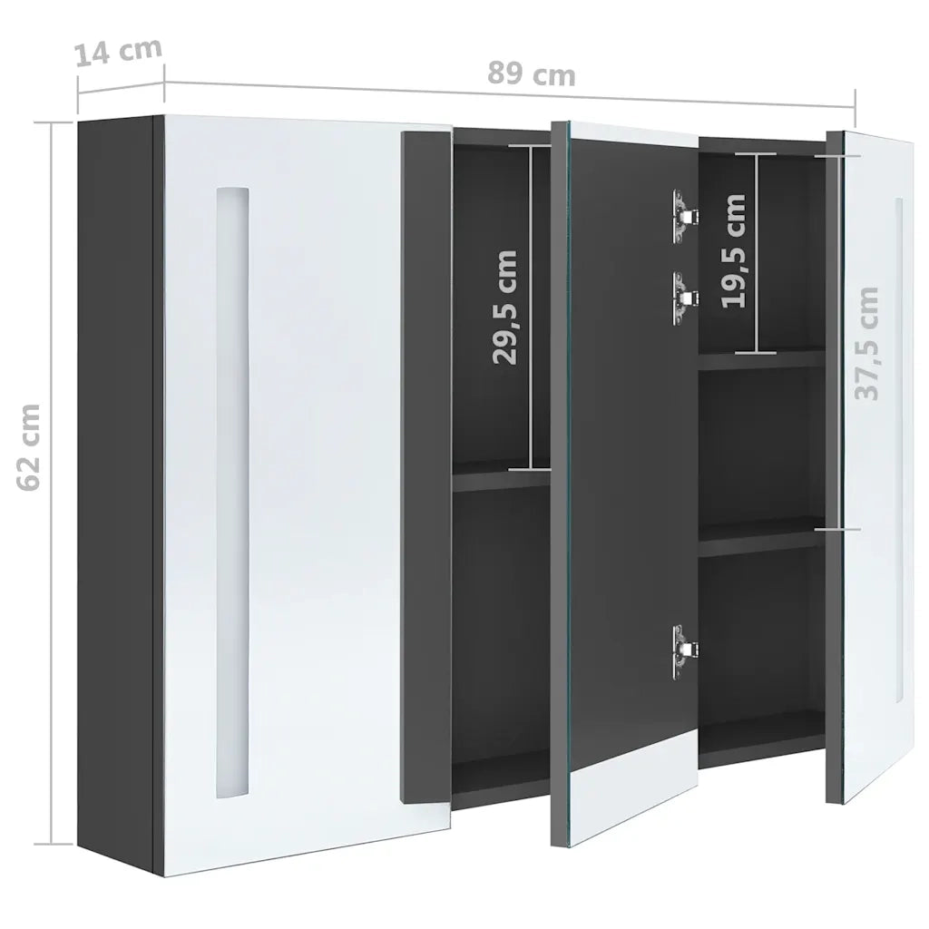 Armadietto Bagno | Armadio da bagno con Specchio e LED 89x14x62 cm Grigio