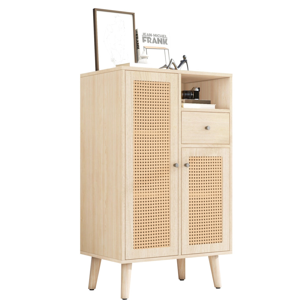 Credenza con 2 Ante in Rattan e 1 Cassetto; Vano a Giorno; Stile Naturale; in Pannello Truciolare; Rovere; 60¡Á40¡Á101 cm