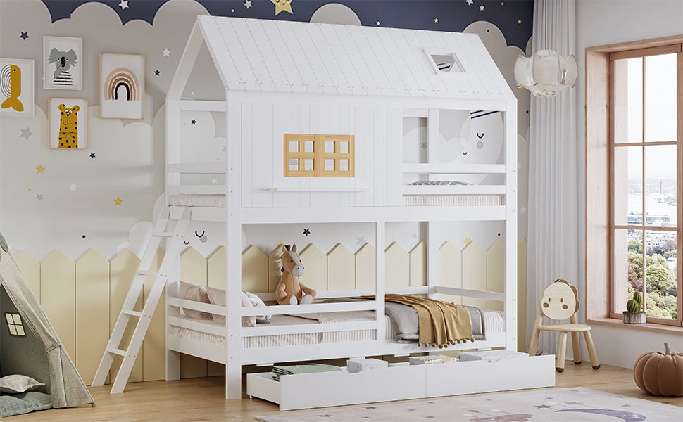 DESMIU Letto a castello per bambini 90 × 200 cm con finestre, tetto e 2 cassetti, senza materasso, bianco e naturale