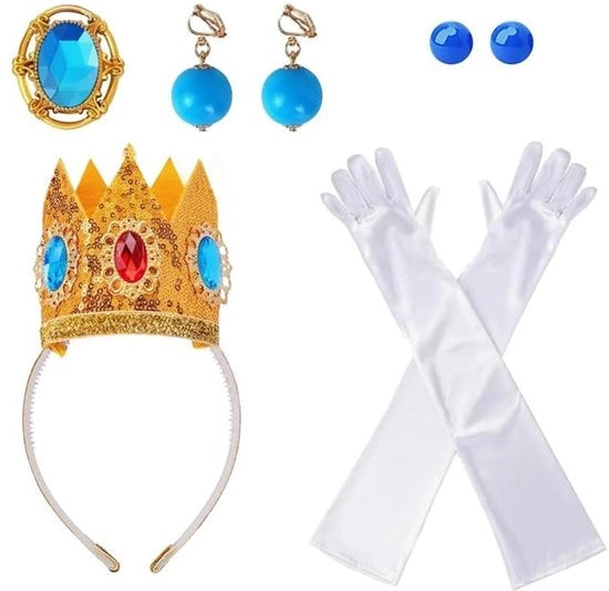 Accessori di costume 8 pezzi - Corona principesca - Fibbia con gioielli - Orecchini - Guanti di seta - Eleganti per festa/cosplay - Costume da principessa