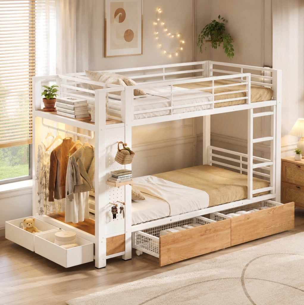 Letto a castello 90x200 cm in MDF e metallo bianco con LED; 2 cassetti e vano appendiabiti
