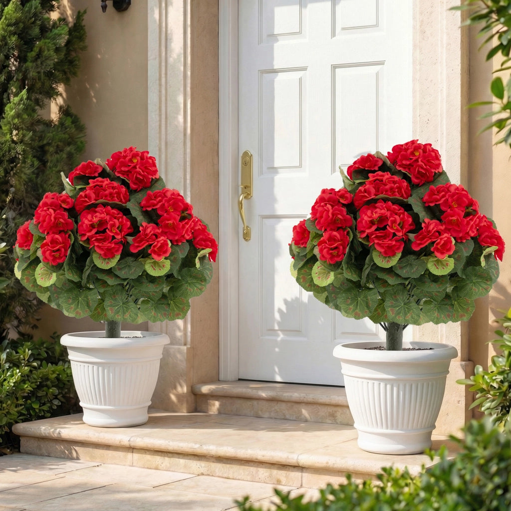 2 Mazzi di begonia artificiali 57 cm con fiori e foglie in seta tronco realistico in PE, Begonie finti per decorazioni con picchetti Rosso