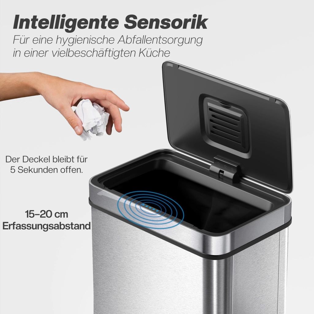 Cestino Sensore 50 L, Coperchio Automatico ¨C zephmum ¨C Acciaio Inossidabile, Argento