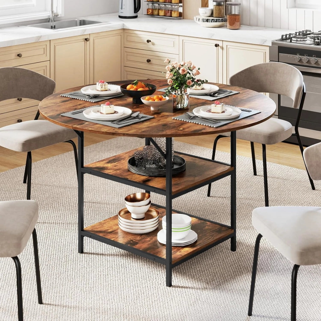 Tavolo da Pranzo Rotondo Ø 120 cm, adatto per 4-6 Persone, con 2 Ripiani, Piano Effetto Legno e Struttura in Metallo, Stile Industriale, Ideale per Cucina e Sala da Pranzo