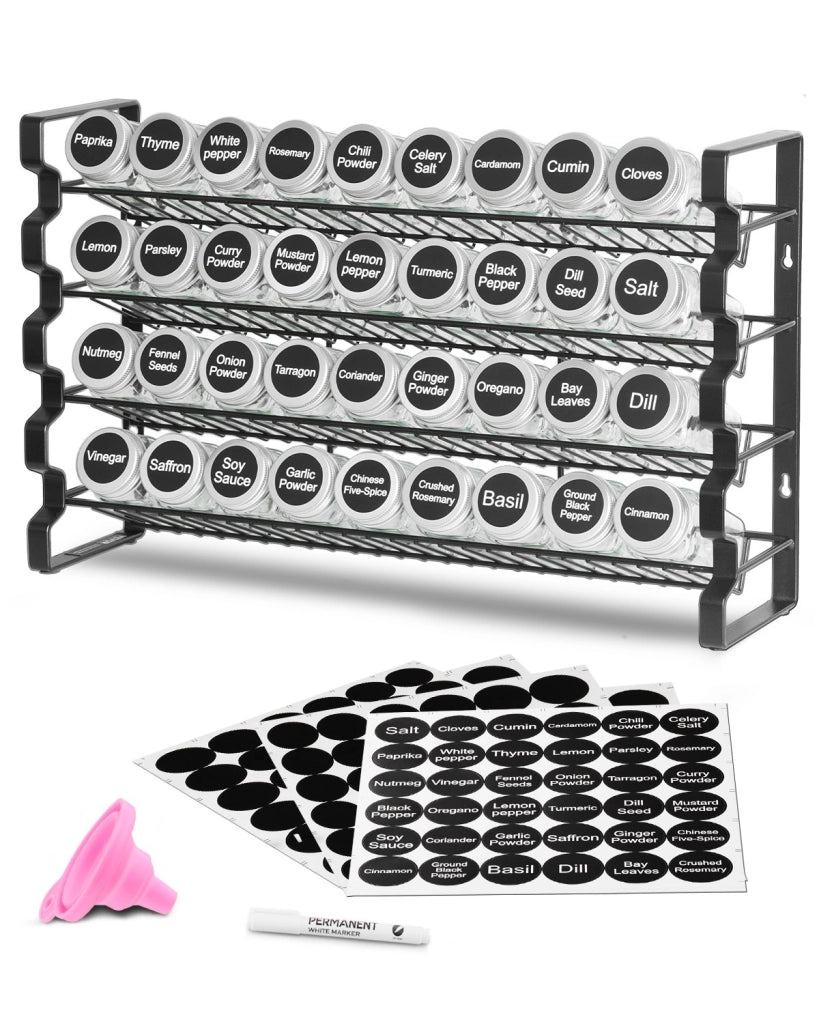 Organizzatore per spezie da armadietto con 36 barattoli vuoti, coperchi, etichette e imbuto, set completo, pratico, salvaspazio, 463x118x282 mm