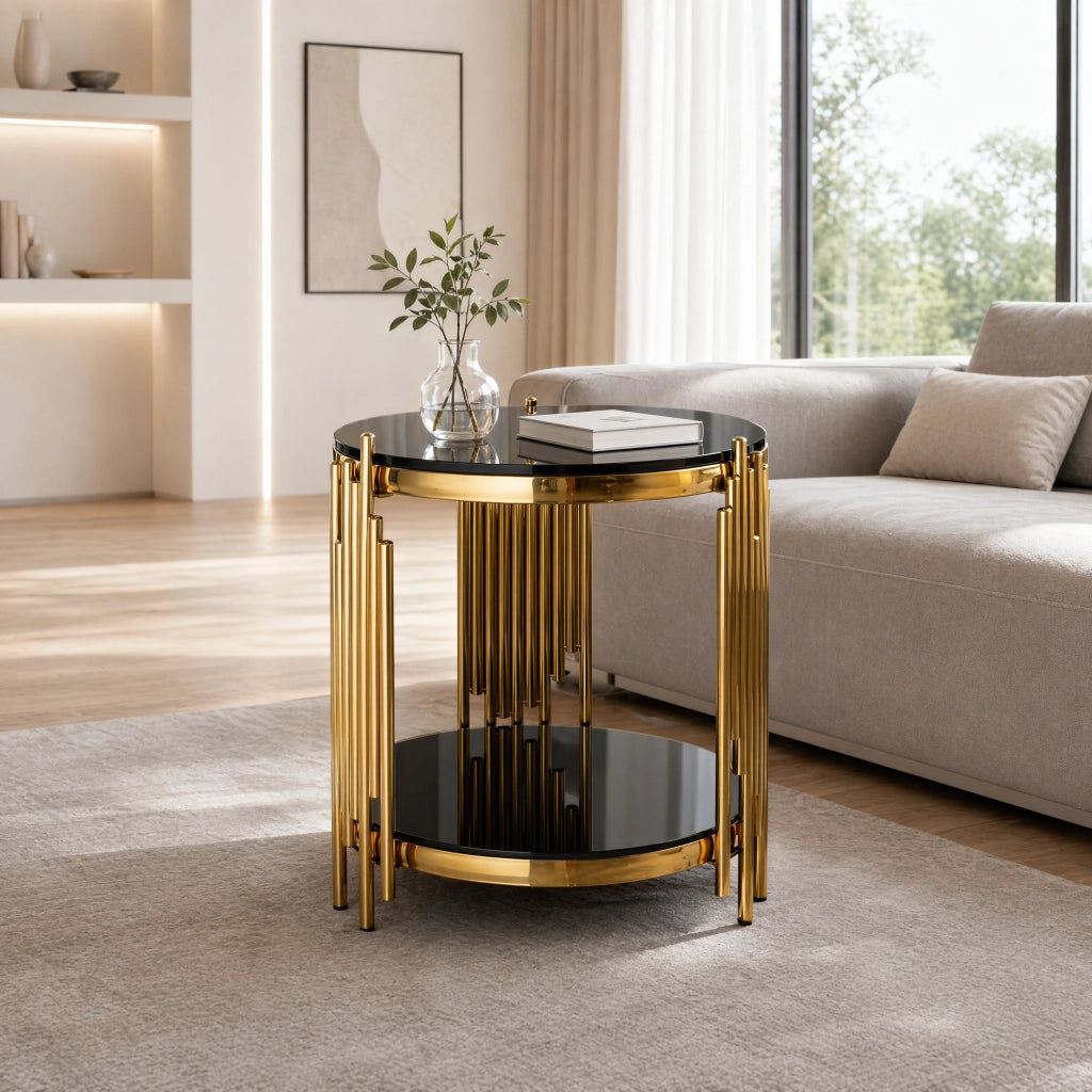 Tavolino basso fisso rotondo con 2 ripiani in vetro temperato nero e struttura in acciaio inox oro per soggiorno