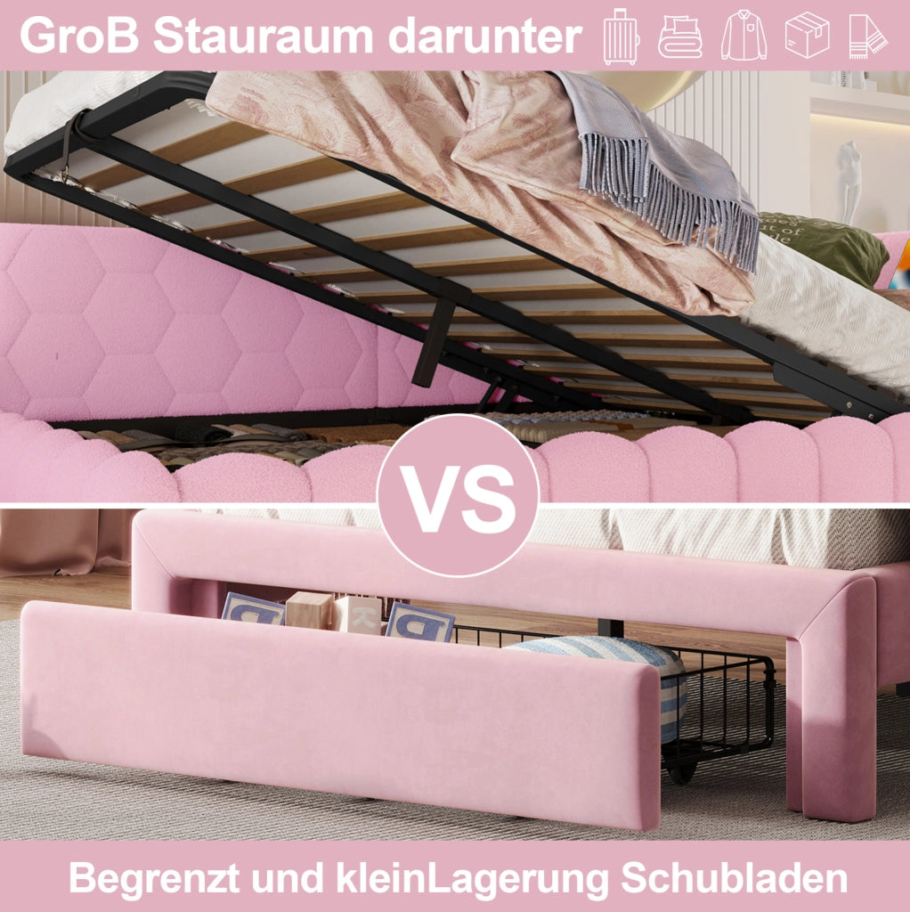 LETTO Daybed 140x200 cm Rosa con LED, USB, Tipo-C e vano contenitore