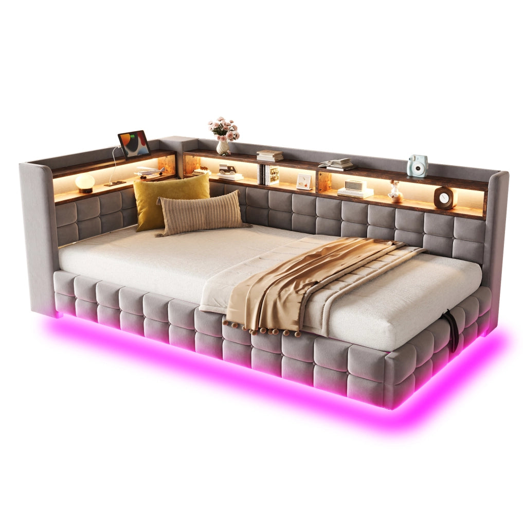 Divano letto imbottito 90x200 cm con contenitore idraulico; LED; USB e Type-C; grigio chiaro