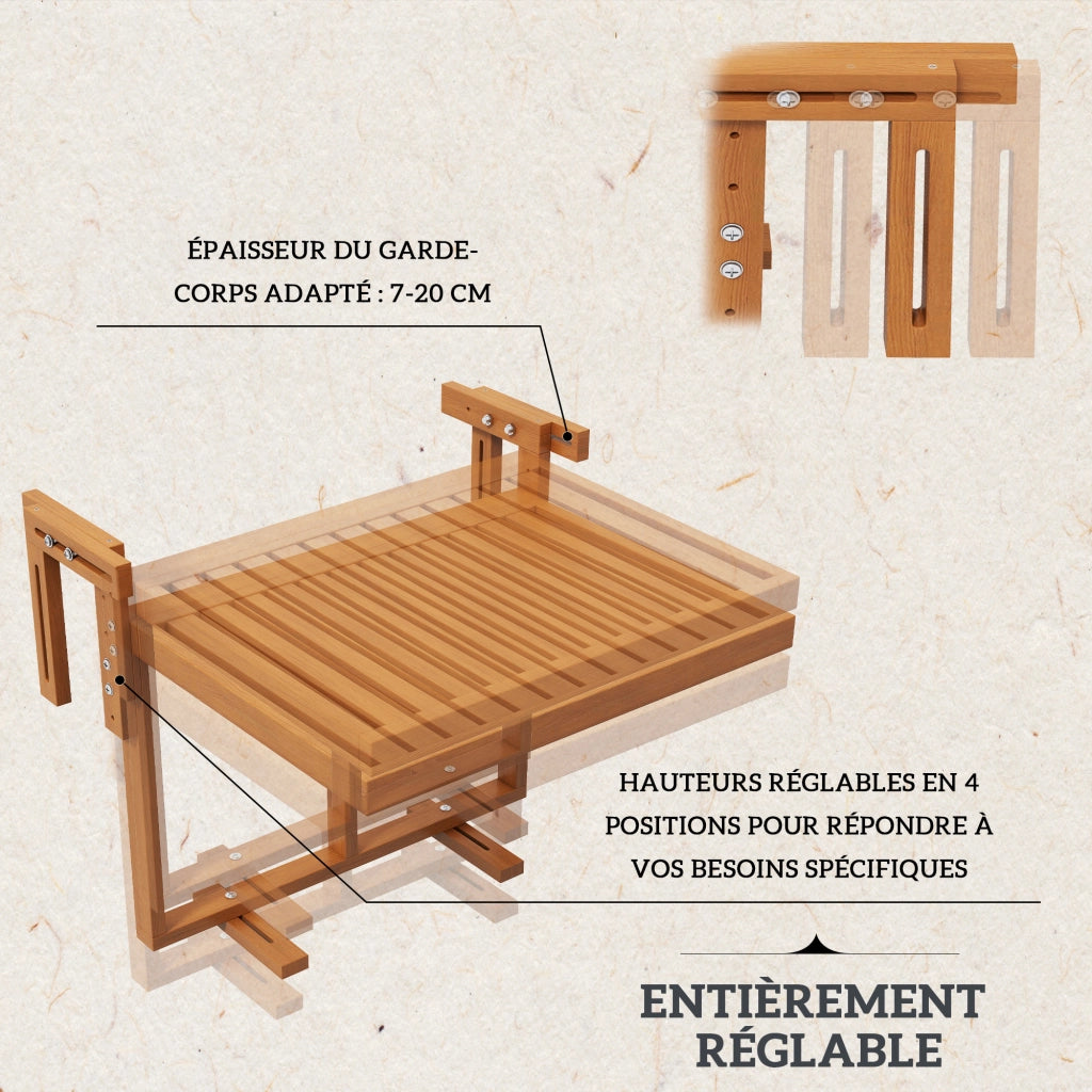 Tavolino da balcone sospeso in legno pieghevole ¨C zephmum ¨C naturale 68x65x40.5-55 cm