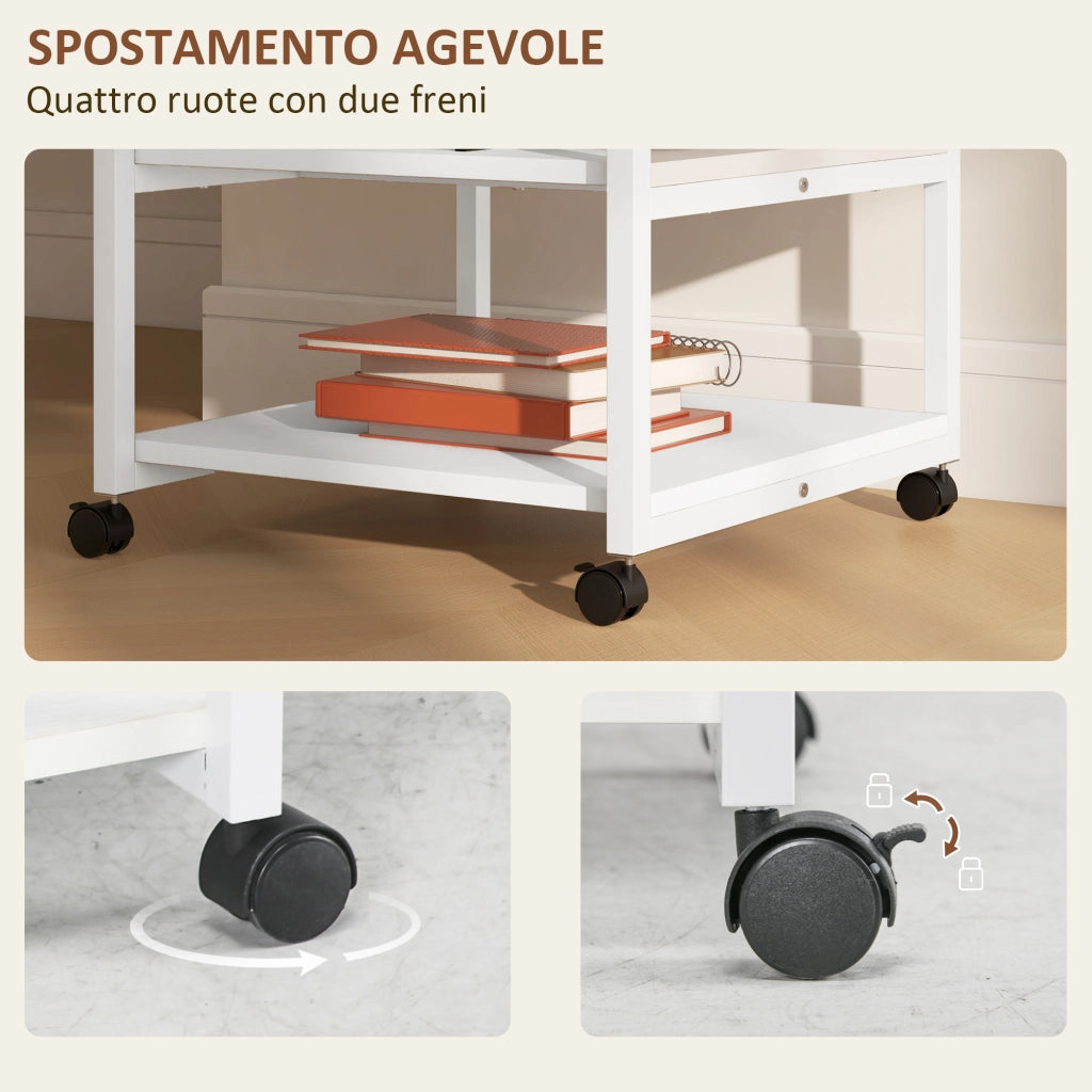 Carrello a 3 Ripiani con 4 Ruote ¨C Zephmum ¨C Legno e Acciaio, Bianco, 50x50x52.5cm