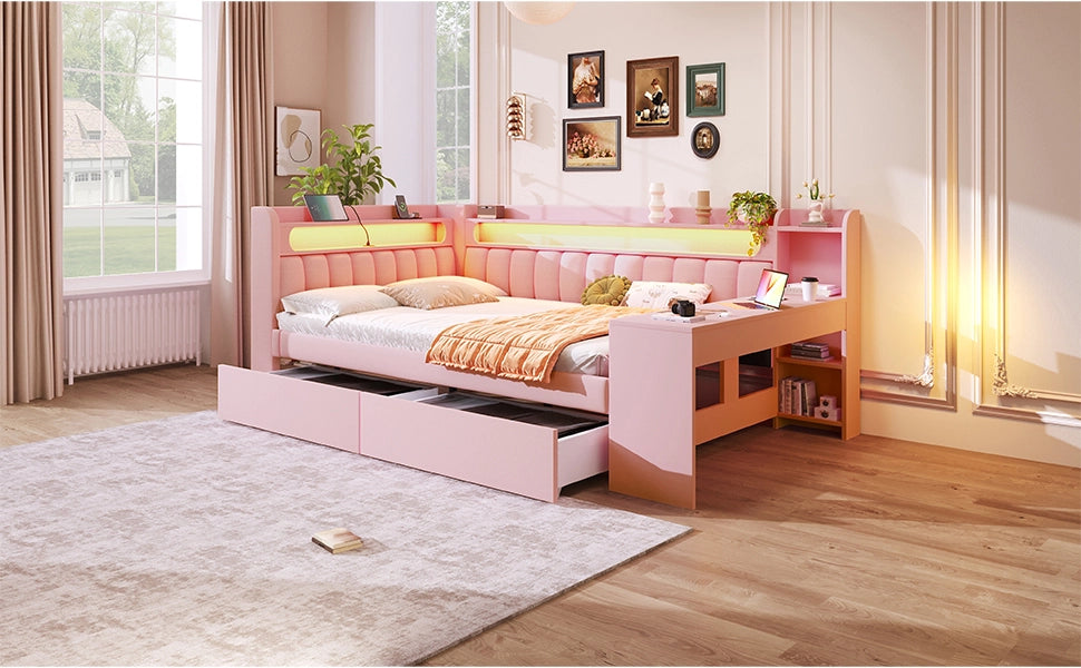 Divano letto 140x200 rosa imbottito con scrivania, luci LED, porte USB e cassetti