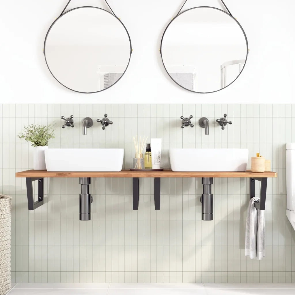 Ripiano a Parete per Lavabo in Acciaio e Massello di Faggio