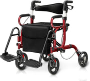 Deambulatore 2 in 1 per Anziani in Alluminio, Rollator Pieghevole e Regolabile in Altezza con Sedia, Schienale Reversibile, Manici Regolabili, Ruote, Poggiapiedi e Borsa Rimovibile (Rosso)