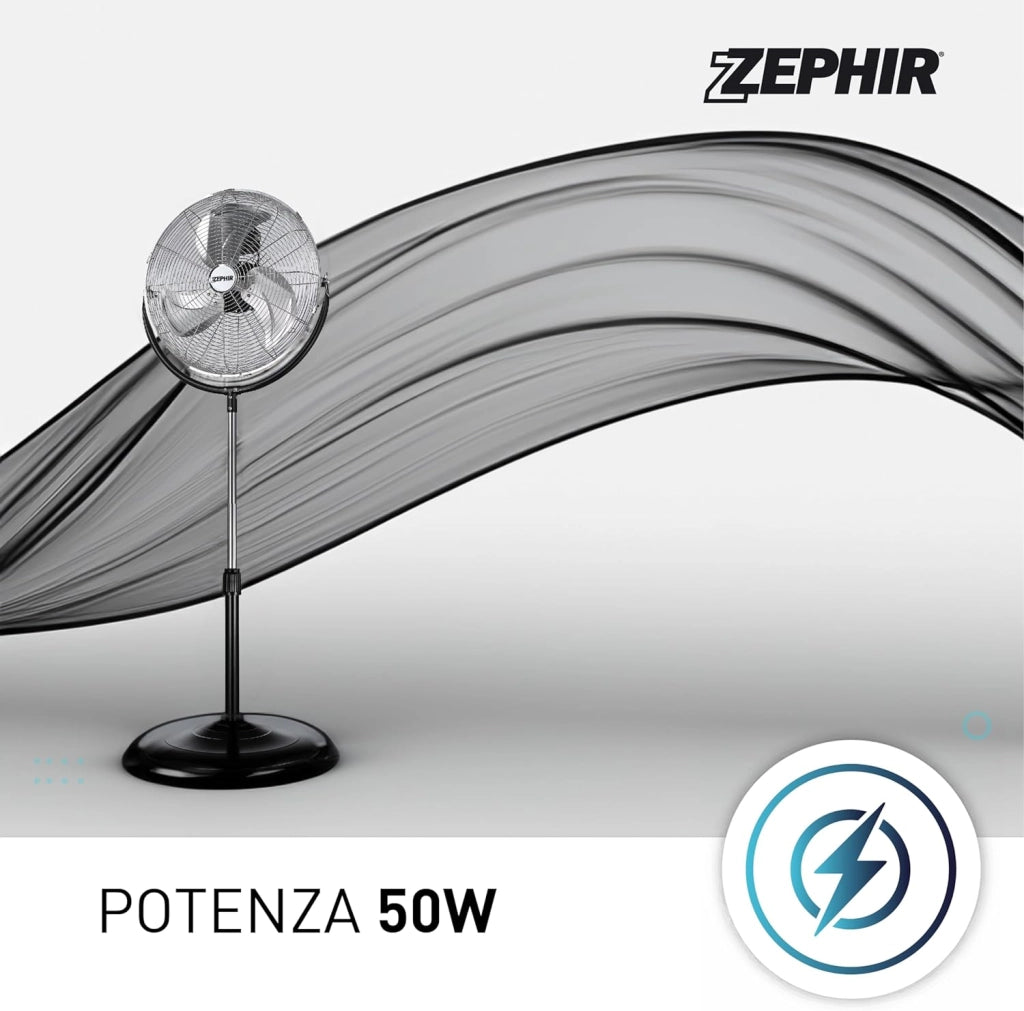 Zephir Ventilatore a Piantana Cromato 50 cm con Pale, 120W, 3 Velocità, Oscillazione Automatica, Altezza Regolabile 150 cm, Silenzioso per Grandi Ambienti