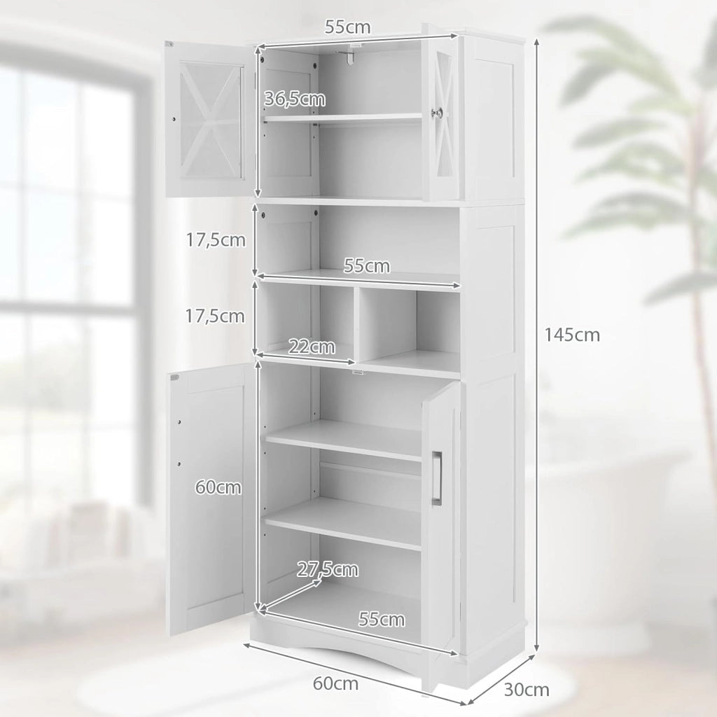 Armadietto da Bagno Slim con 4 Ante, Ripiano Regolabile e 3 Scomparti Aperti, Mobile Alto per Bagno e Soggiorno, Moderno，2 Colori