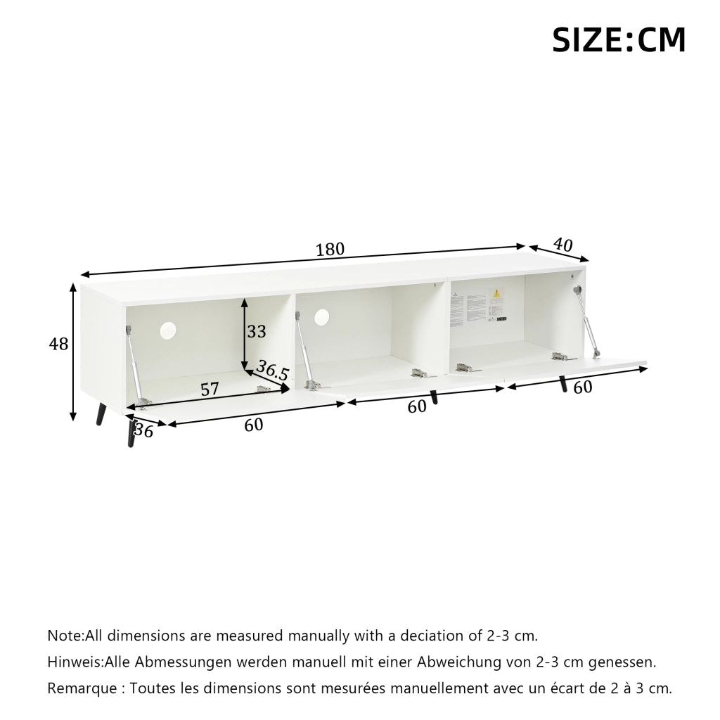 Mobile TV con 3 ante a ribalta; 6 piedini; per soggiorno; in MDF; 180×40×48 cm; bianco