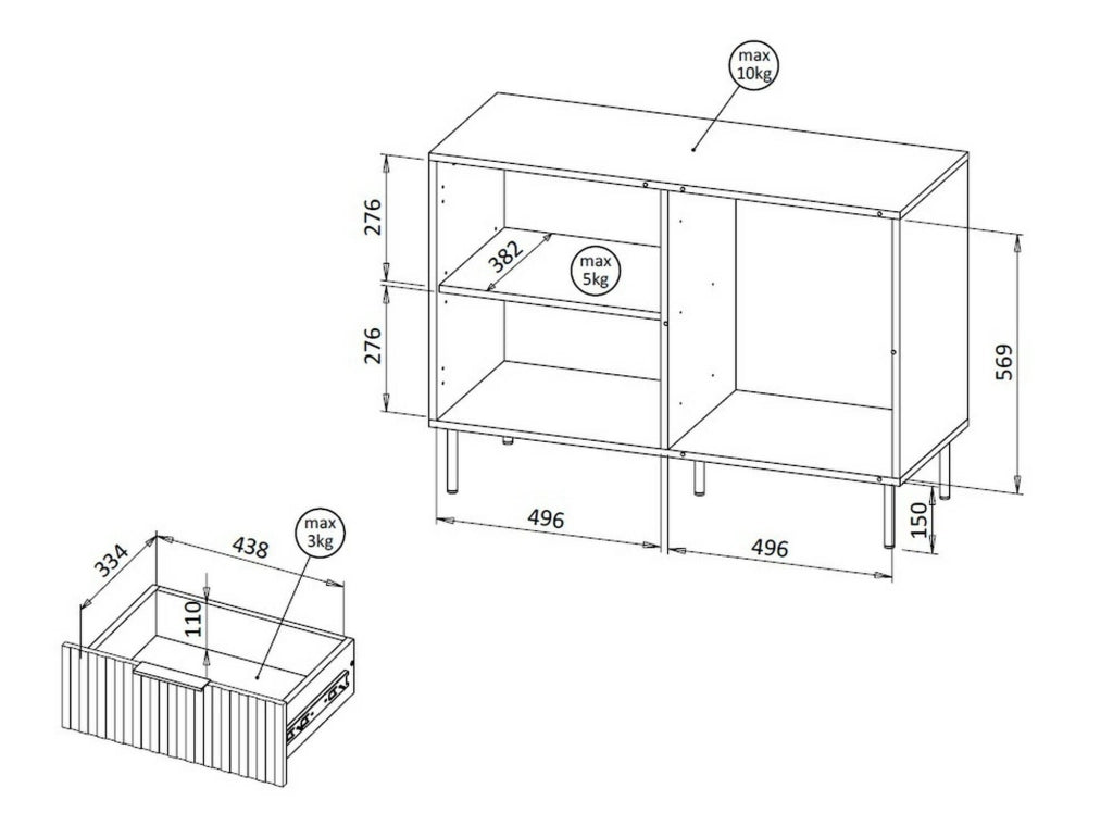 Credenza Grado, Madia da salotto con un'anta battente e tre cassetti, Rialzato da terra, 104x42 h75 cm, Noce e Beige