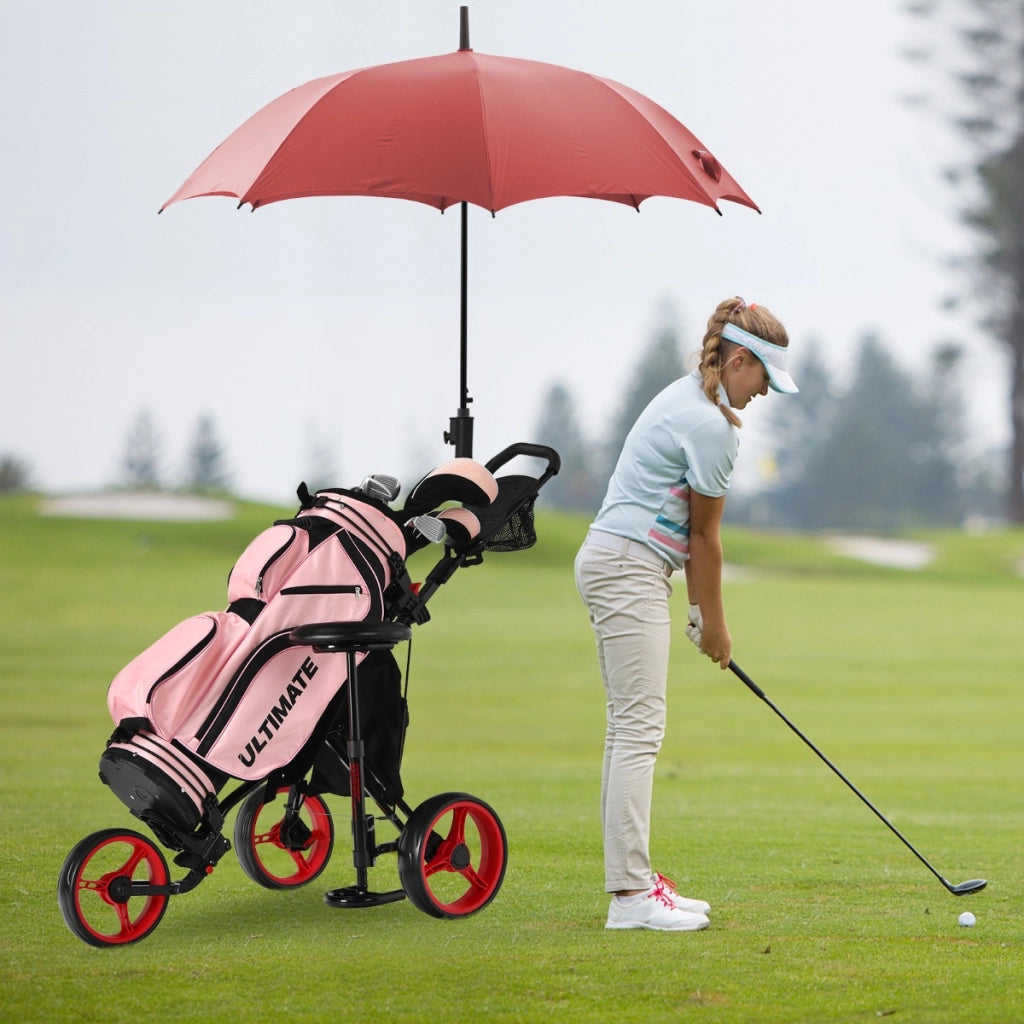 Carrello da golf pieghevole con 3 ruote e altezza regolabile, Carrello da golf con porta ombrello e sedile Rosso-Golf
