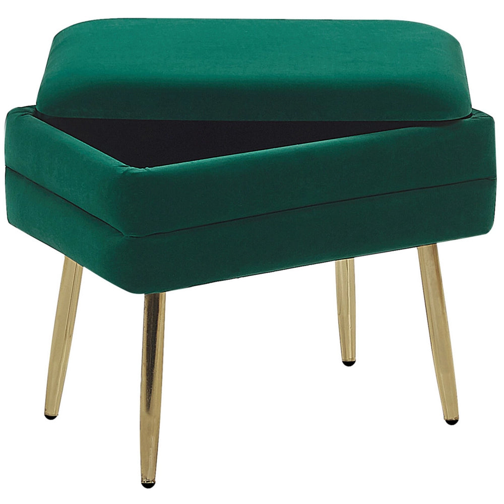 Panca portaoggetti Rivestimento in velluto di poliestere verde scuro Gambe in ferro dorato Poggiapiedi per soggiorno dal design glam