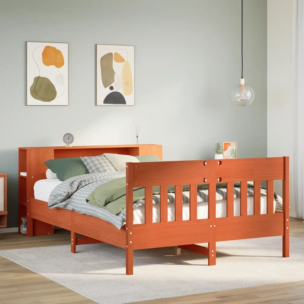 Letto Libreria senza Materasso-Struttura Letto con contenitore Marrone Cera 135x190 cm in Pino 181925