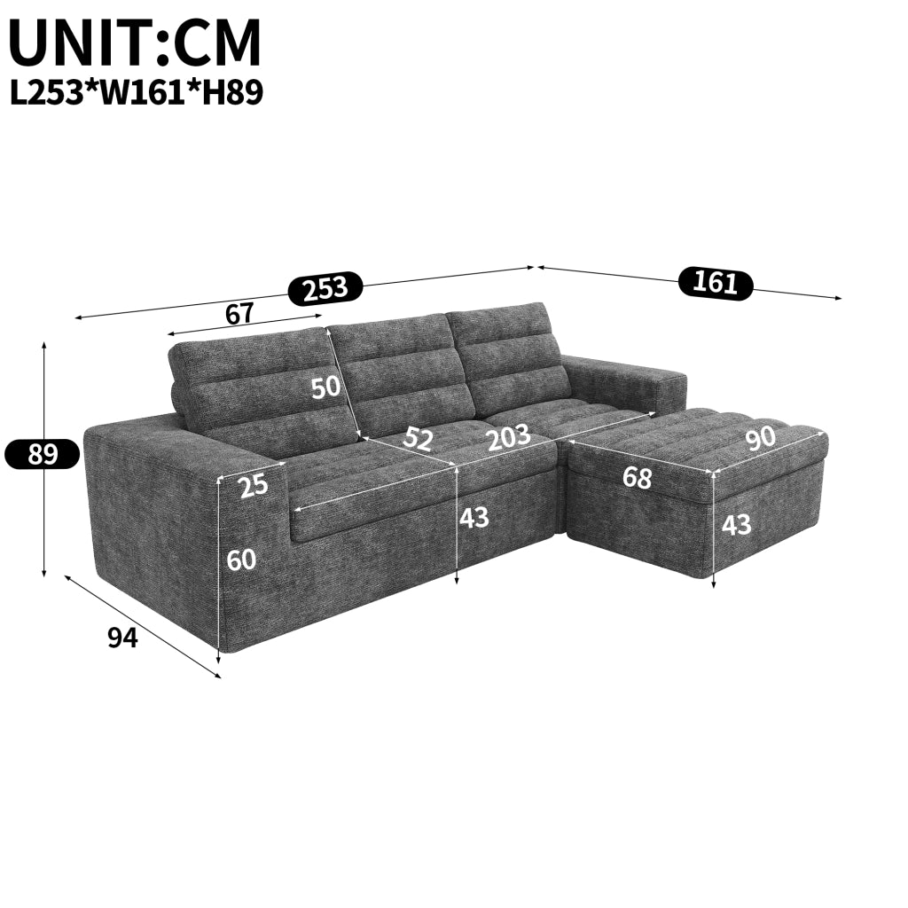 Divano angolare modulare 4 posti - con pouf e cuscini - in chenille - grigio chiaro