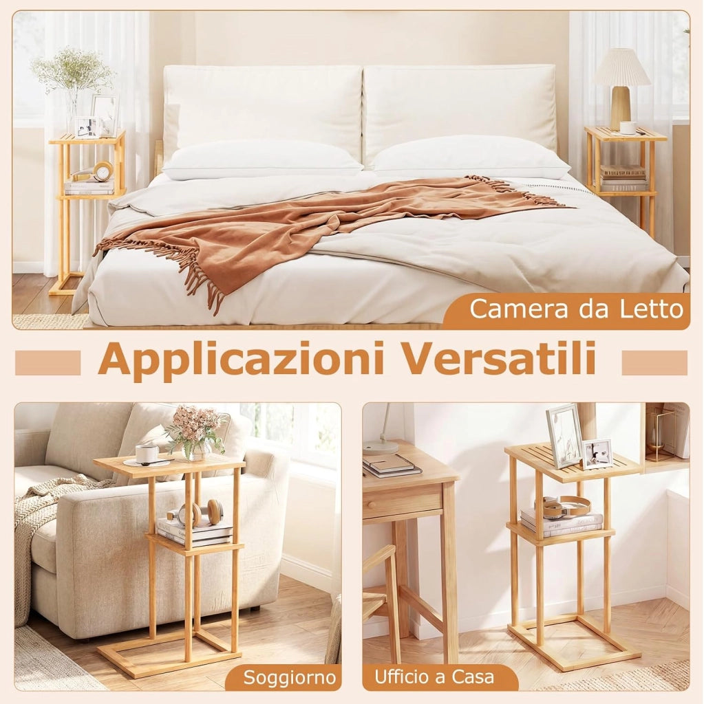 Set di 2 Tavolini Laterali, Tavolino Rettangolare con Ripiani Portaoggetti e Struttura in Bambù, Tavolo Basso da Divano e Letto per Salotto e Camera da Letto
