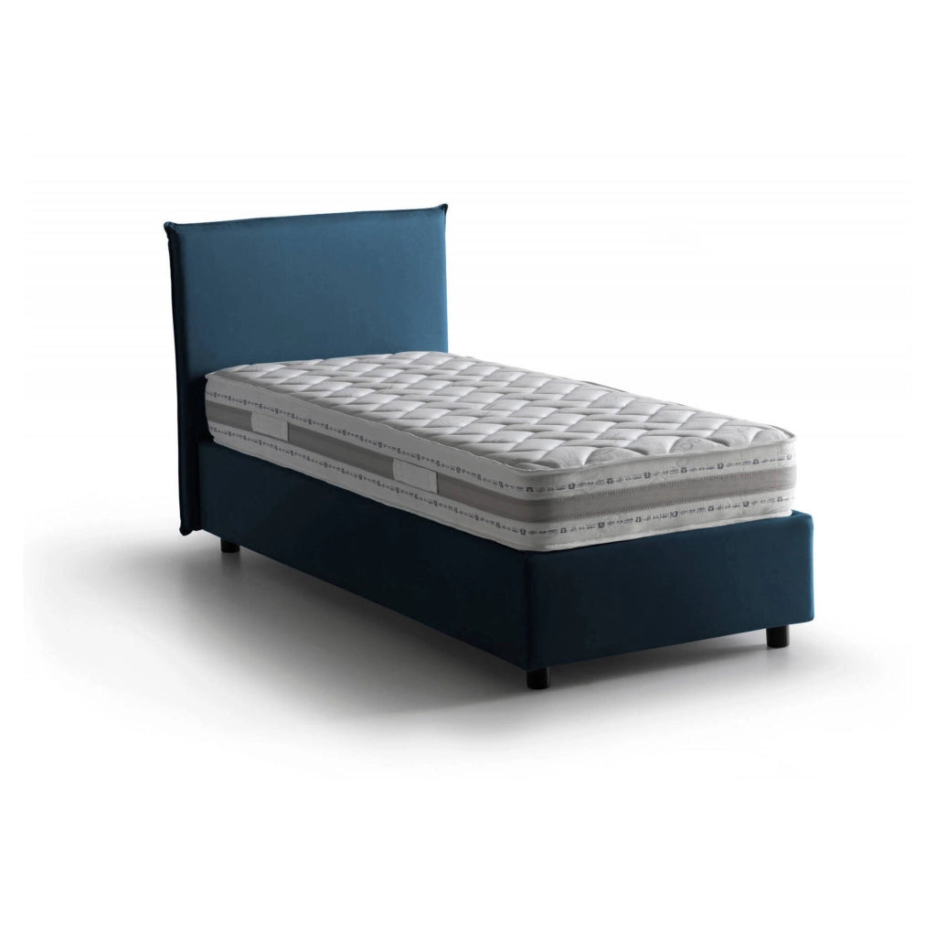 Letto singolo Alison, Letto contenitore con rivestimento in tessuto, Made in Italy, Apertura frontale, con materasso cm 90x200 incluso, Blu