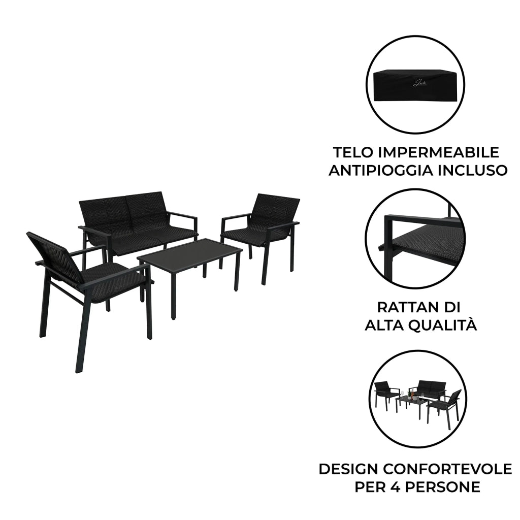 Set Giardino Rattan Nero 4 Pezzi con Divano, Poltrone, Tavolino & Copertura