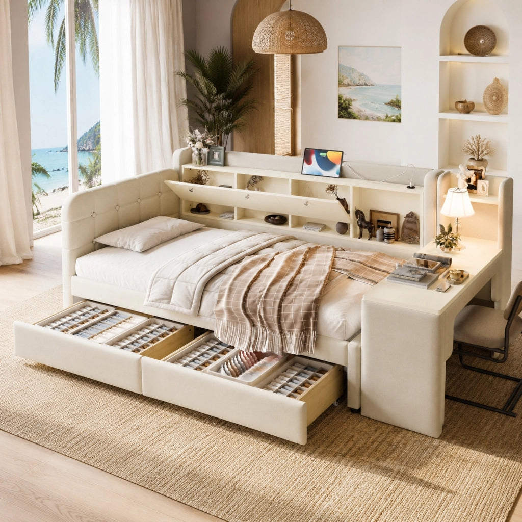 Letto beige 90 x 200 cm con scrivania, cassetti e ricarica USB