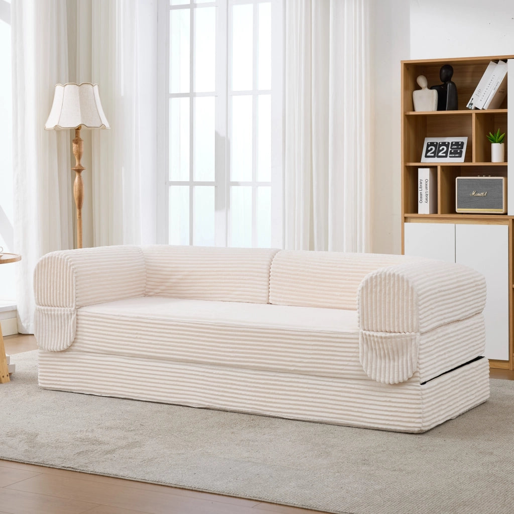 Divano letto convertibile a 2 posti in tessuto a coste con struttura stabile e braccioli imbottiti beige compatto