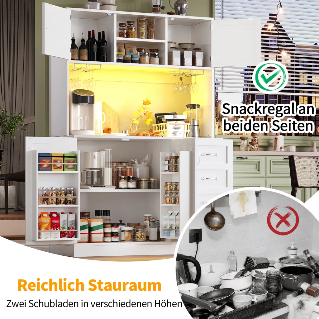 BUFFET 120x40x188 cm in MDF Bianco con LED, 4 ante e cassetti