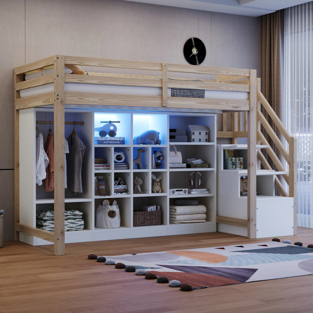 Hochbett 90x200 cm in legno con contenitore; LED integrata e scala laterale; bianco e naturale
