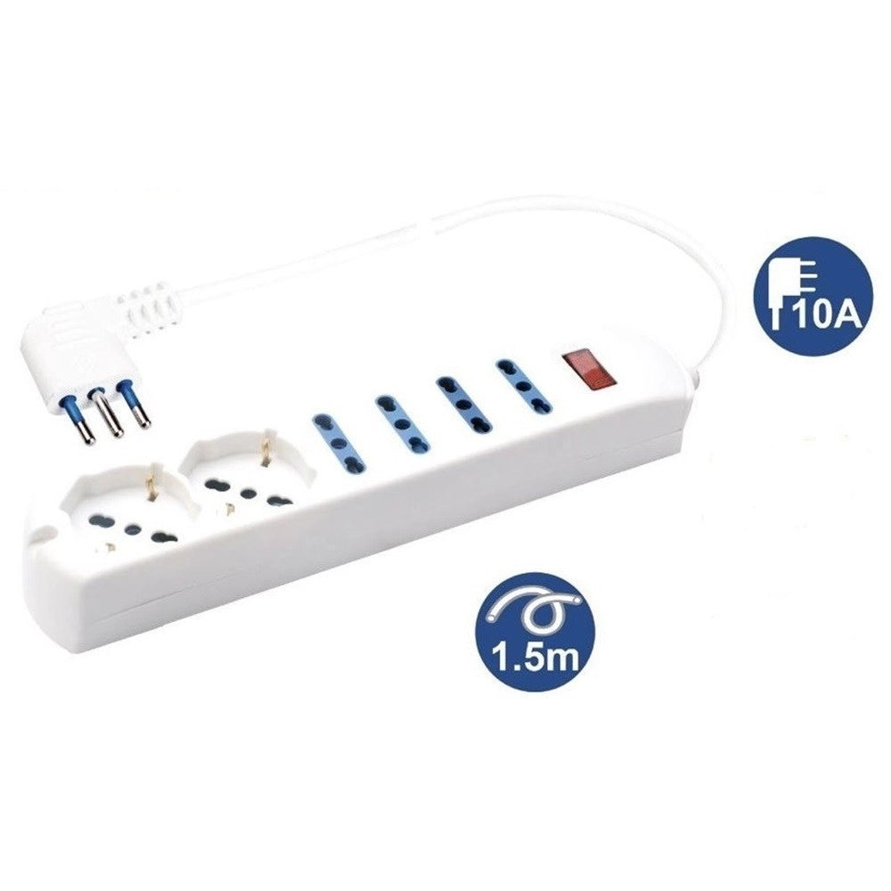 Trade Shop - Multipresa 2 Prese Universali + 4 Bipasso 10/16a Spina 10a Cavo 1.5 Metri 80084 -