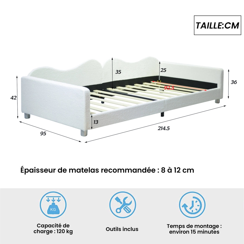 OKWISH Letto Bambino 90×200 cm, Letto Singolo con Schienale, Braccioli, Testiera e Pediera, senza Materasso, Bianco