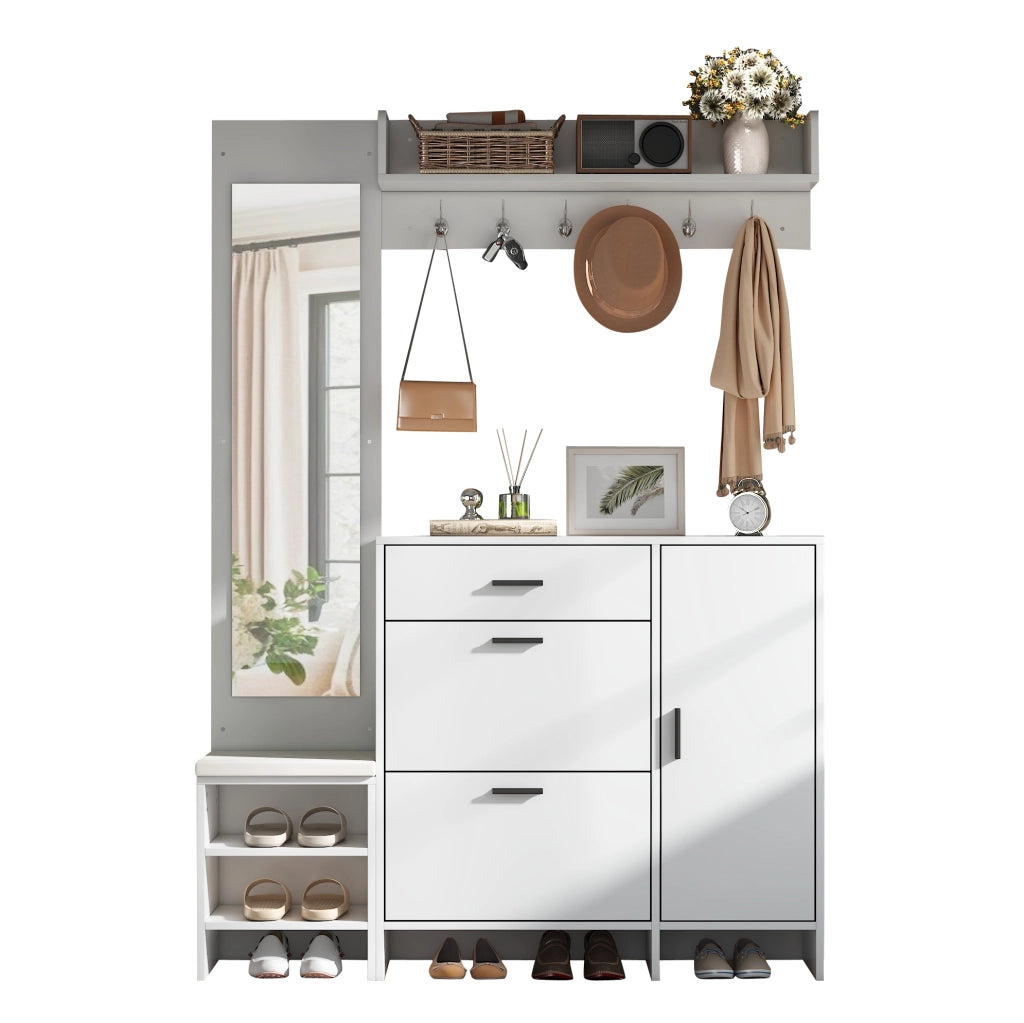 Mobile ingresso multifunzione 140x30x200 cm con specchio; scarpiera; ganci e panca; bianco