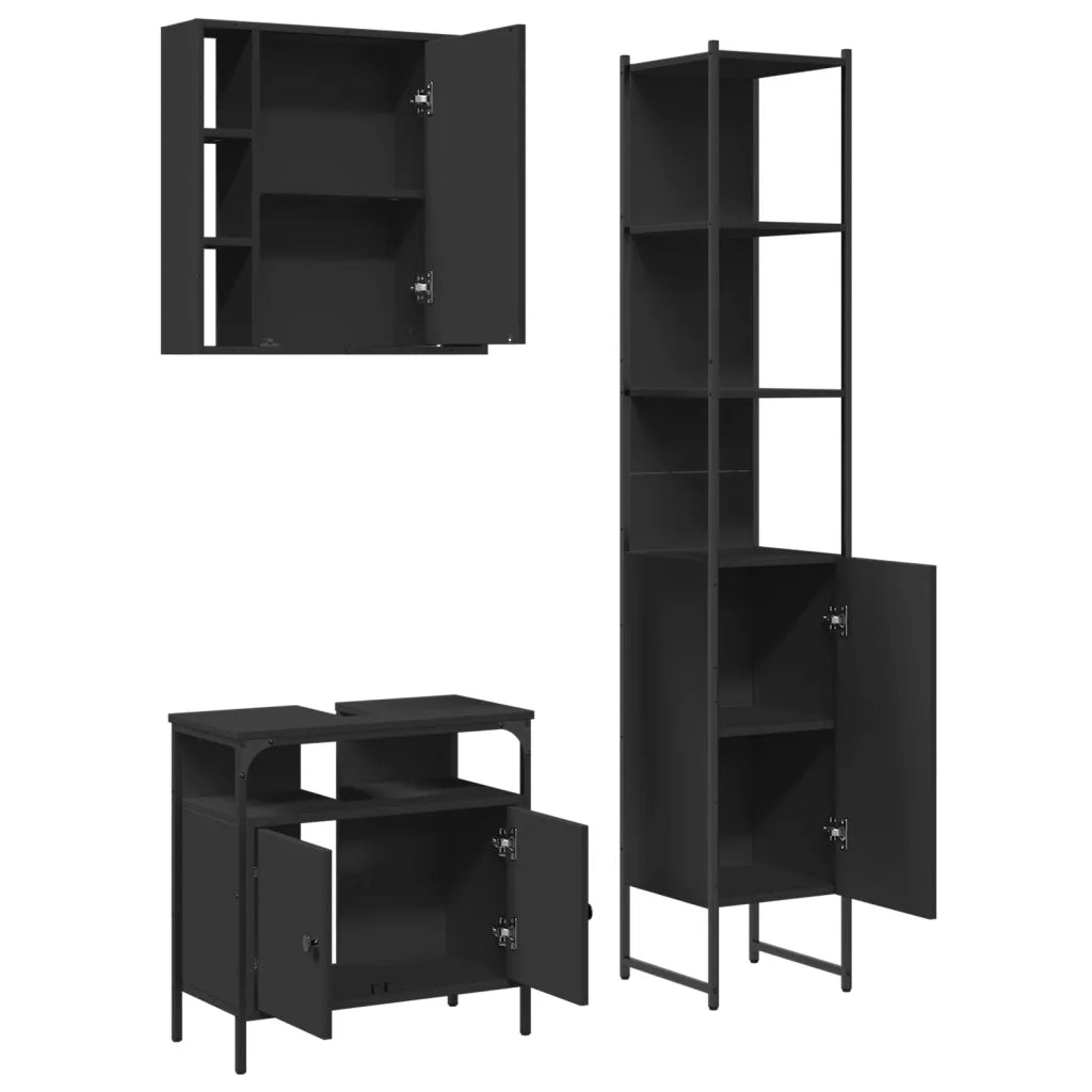 Set di Mobili da Bagno 3 pz Nero in Legno Multistrato