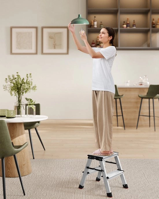 Ladder 2 piani pieghevole in alluminio – argento grigio e inchiostro nero – progettata per essere leggera e multifunzionale