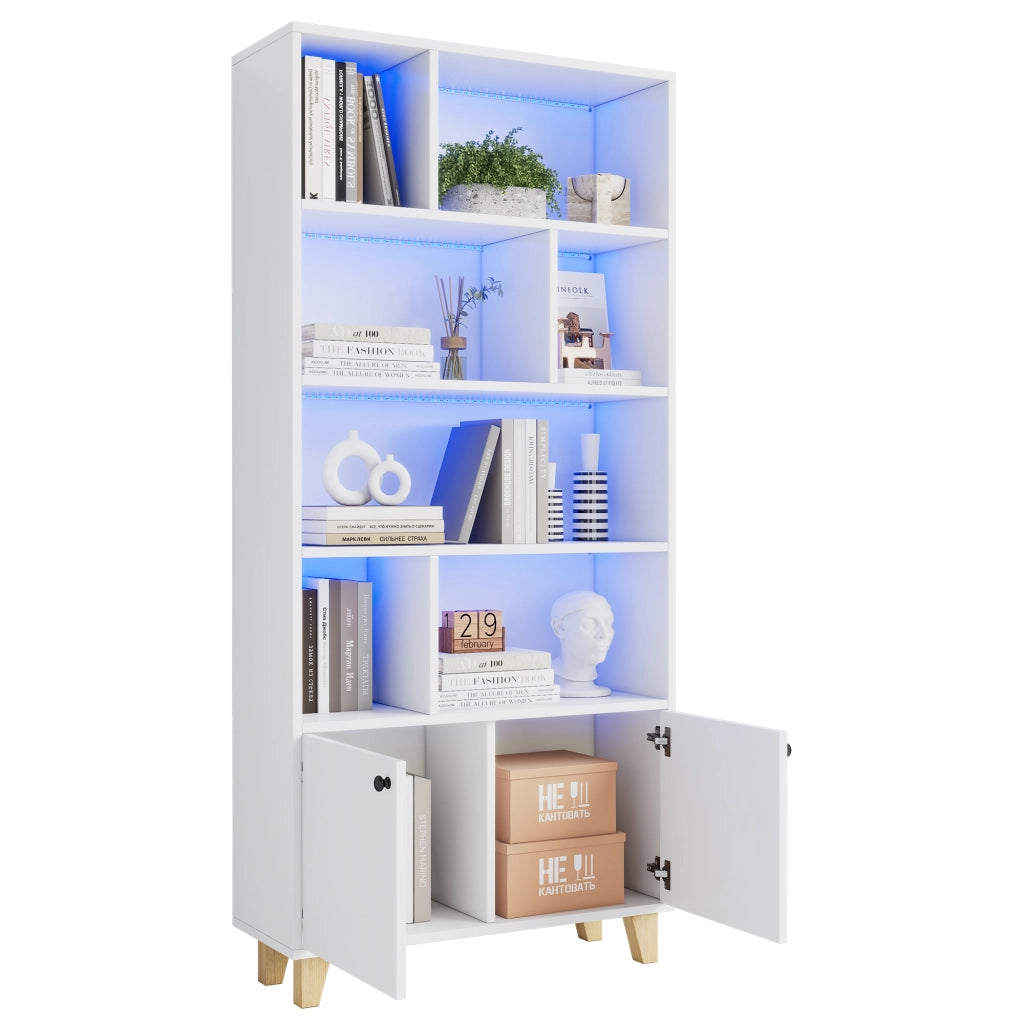 Libreria con 2 Ante; 7 Vani e LED con Controllo tramite App; per Soggiorno in Legno massello e MDF 80 × 30 × 173 cm Bianca