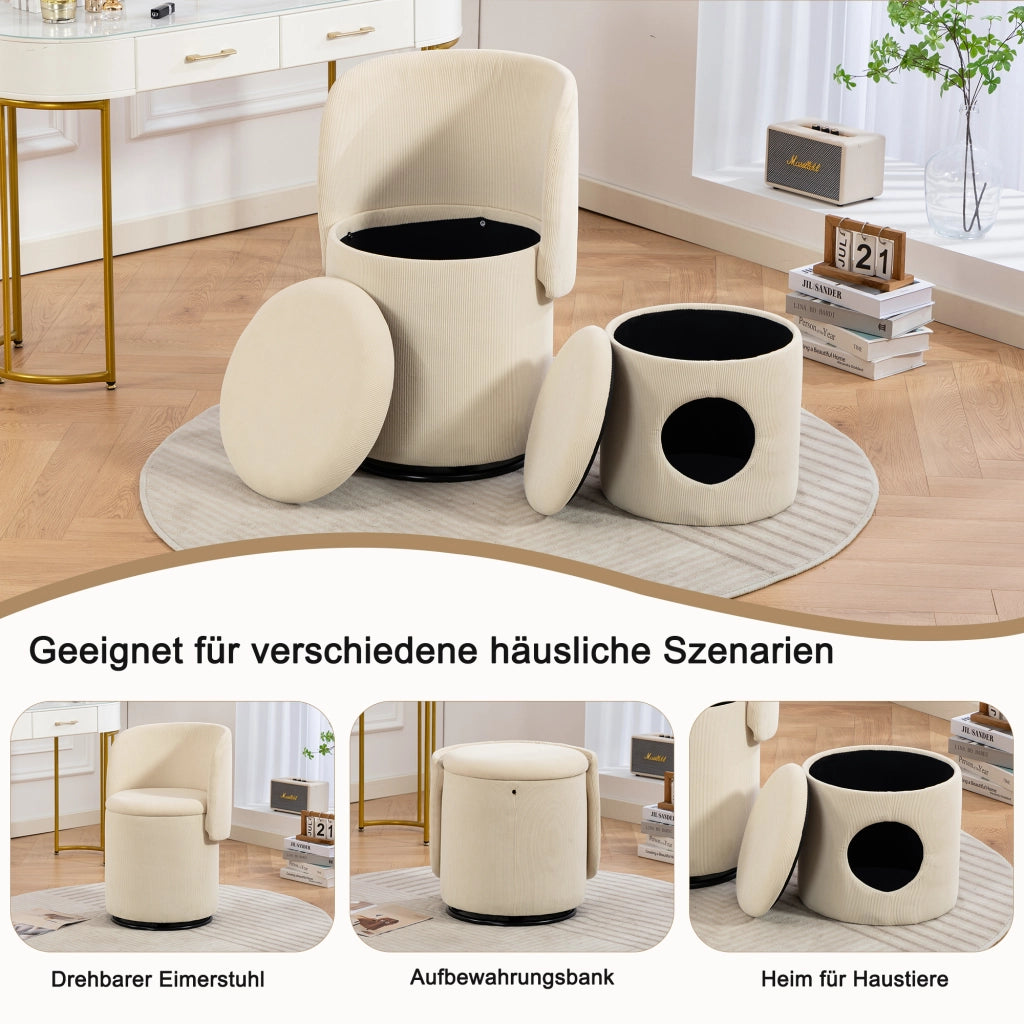 SGABELLO Girevole Contenitore 53x50x47 cm Velluto a coste Beige