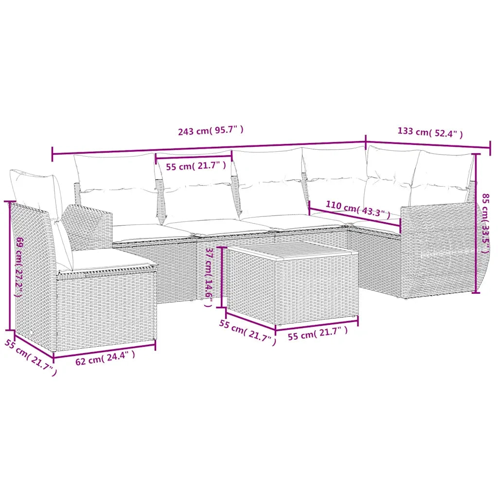 Set Divani da Giardino 7 pz con Cuscini Nero in Polyrattan 3225028