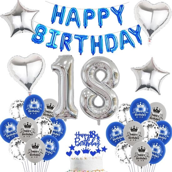 Decorazione per Compleanni a Sfera Latex - Set di Ballo con Stera e Numeri in Argento - 18 Anni - Blu - Slinga per Compleanni - Set di Decorazioni