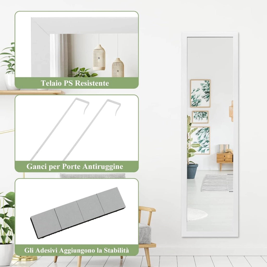 Specchio a Figura Intera Sopra la Porta, Specchio da Parete Lungo con Ganci per la Porta, Ideale per Camera da Letto Soggiorno Ingresso, 33x119 cm (Bianco)